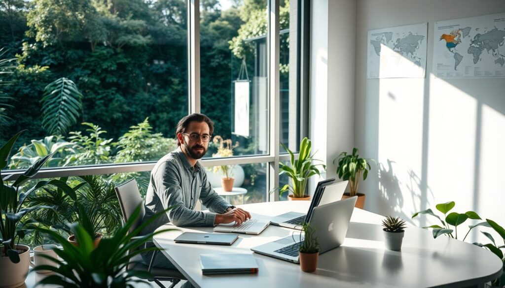 A serene office setting with a large window overlooking a lush, verdant landscape. In the foreground, an environmental consultant sits at a sleek, minimalist desk, surrounded by reference materials, laptops, and a variety of plants. The consultant appears thoughtful, their expression conveying a deep understanding of complex environmental issues. The lighting is soft and natural, creating a calming atmosphere. In the background, various scientific diagrams, charts, and maps are displayed on the walls, hinting at the consultant's expertise in data analysis, problem-solving, and communication. The overall scene reflects the multifaceted skills required of an environmental consultant, including technical knowledge, critical thinking, and a passion for sustainability.