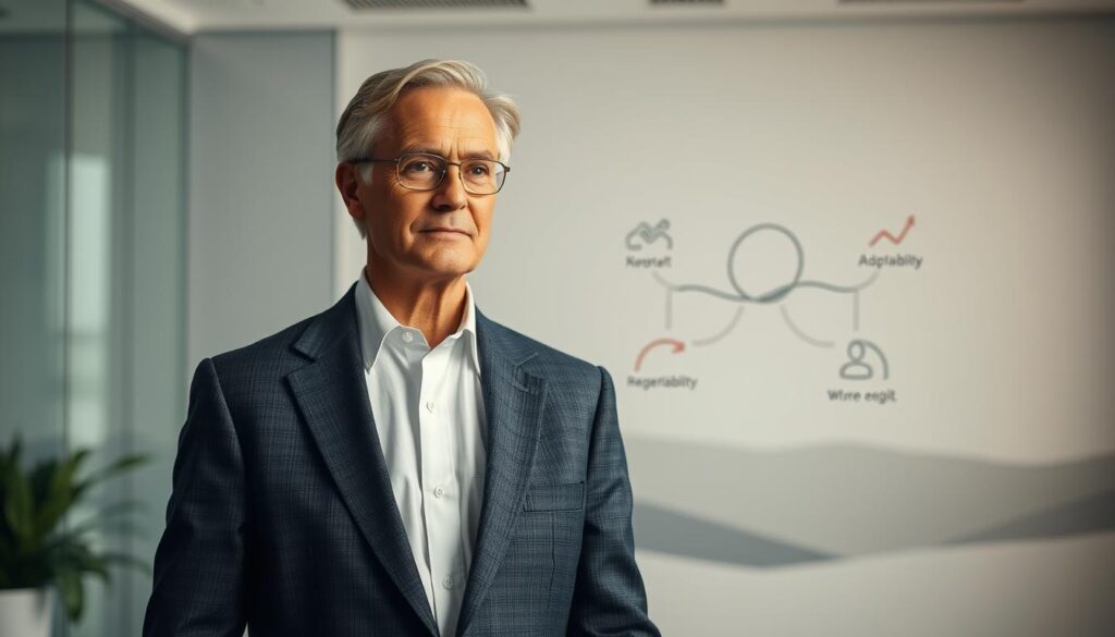 A serene office setting with a mature professional in the foreground, surrounded by symbols of experience, wisdom, and resilience. The 60-year-old protagonist stands confidently, dressed in a sharp, tailored suit, exuding an aura of confidence and expertise. In the middle ground, abstract shapes and lines represent the key attributes employers seek: adaptability, problem-solving skills, and a strong work ethic. The background features a muted, minimalist landscape, conveying a sense of focus and determination. Soft, diffused lighting creates a warm, contemplative atmosphere, highlighting the subject's poise and composure.
