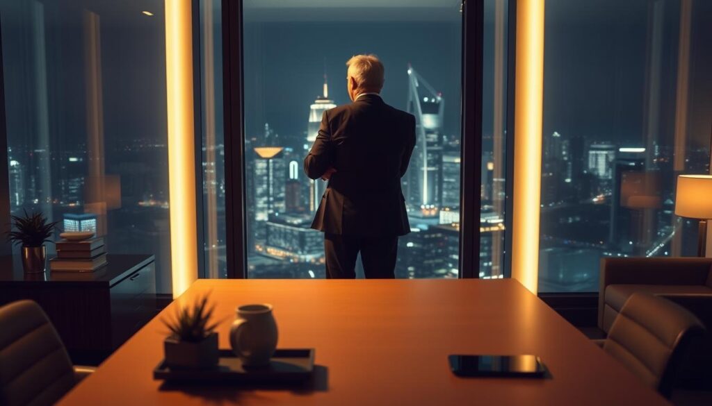 A serene office setting with a middle-aged professional standing confidently before a window, gazing out at a bustling cityscape. The warm, diffused lighting creates a contemplative atmosphere, as the figure appears deep in thought, considering their career path. In the foreground, a tidy desk adorned with minimal decor, symbolic of the focus and organization required for a successful mid-career transition. The background features sleek, modern furnishings and a muted color palette, conveying a sense of sophistication and stability. The pose and expression of the subject suggest a determined, yet thoughtful approach to navigating the complexities of a 50-plus job search.