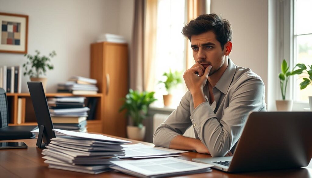 A serene office setting with a person sitting at a desk, deep in thought, surrounded by stacks of papers and a laptop. Soft natural light filters through the window, casting a warm glow on the scene. The person's expression conveys a sense of uncertainty and introspection, as they contemplate the challenges of a recent career transition. In the background, a bookshelf and potted plants add a touch of coziness, hinting at the individual's efforts to create a comfortable workspace amidst the uncertainty. The composition evokes a pensive atmosphere, reflecting the theme of "preparing for post-career change self-confidence loss."