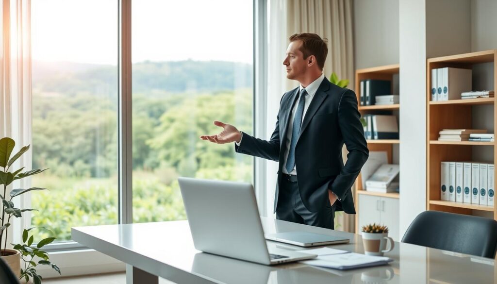 A serene office setting with a professional environmental consultant discussing career opportunities and income potential with a client. The consultant, dressed in a smart suit, gestures towards a large window overlooking a lush, green landscape. Soft, diffused lighting creates a warm, inviting atmosphere. In the foreground, a sleek, modern desk with a laptop and paperwork hints at the consultant's expertise. The background features shelves filled with environmental engineering books and certifications, conveying the depth of knowledge required for this specialized field. The overall scene reflects the stability, prestige, and growth potential of an environmental consulting career.