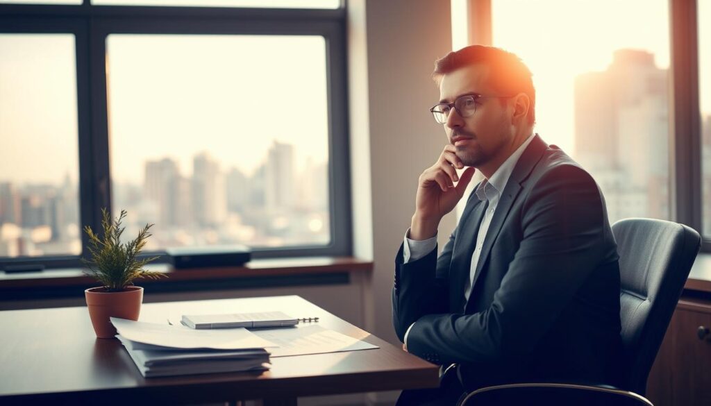 A serene office setting with a professional-looking individual sitting at a desk, deep in thought. Warm natural lighting from a large window casts a soft glow, highlighting their contemplative expression. Alongside the desk, a potted plant and a stack of papers suggest an environmentally-conscious, analytical mindset. The background features a cityscape through the window, hinting at the individual's role as an environmental consultant, tasked with navigating the complexities of urban sustainability. The overall mood is one of focus, diligence, and a dedication to positively impacting the world around them.