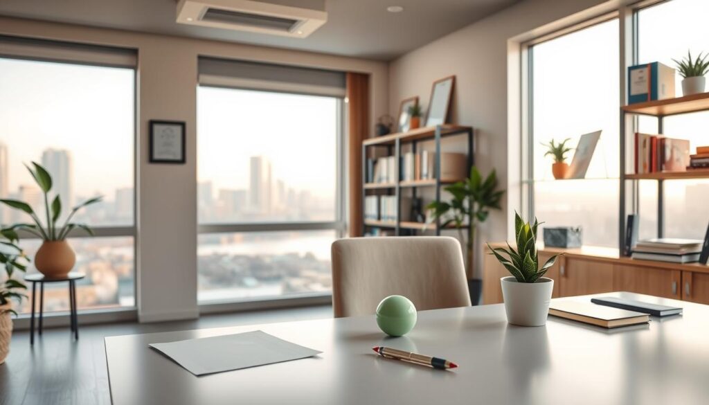 A serene office setting with a therapist's desk and chair in the foreground. On the desk, there are various therapeutic tools and objects, such as a notepad, pen, stress ball, and calming plant. The middle ground features shelves with psychology books and certifications on the wall, suggesting the therapist's educational and professional qualifications. The background showcases a large window overlooking a peaceful city skyline, bathed in warm, natural lighting. The overall atmosphere conveys a sense of tranquility, expertise, and a commitment to client wellbeing, reflecting the career path of a dedicated therapist.