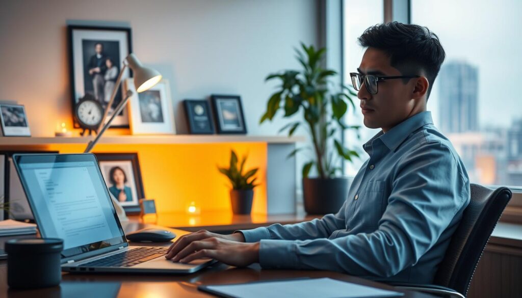 A serene office setting, with a warm, diffuse lighting illuminating a well-organized desk. In the foreground, a respectful-looking employee is seated, composing a resignation letter on a laptop. The middle ground features carefully arranged personal items, including a family photo, a potted plant, and a few professional awards, conveying a sense of workplace history. The background showcases a large window overlooking a cityscape, hinting at the employee's future opportunities beyond the current role. The overall atmosphere is one of thoughtfulness, professionalism, and a smooth transition, reflecting the subject of the "退職報告の流れ" within the article.