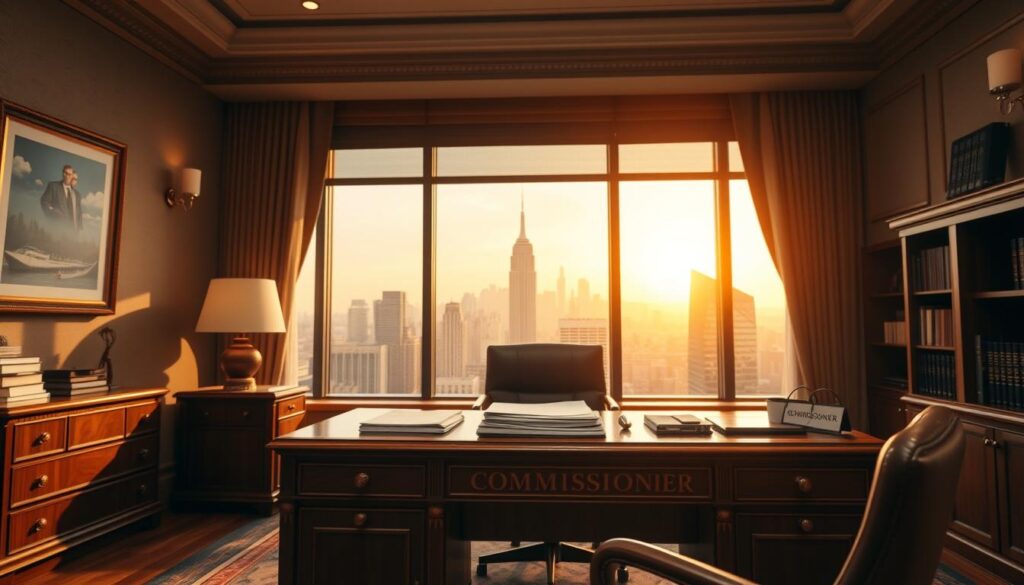 A serene office setting, with a well-appointed mahogany desk and leather chair in the foreground. On the desk, a stack of documents, a computer monitor, and a nameplate reading "Commissioner". The middle ground features a large window overlooking a bustling city skyline, casting a warm, golden glow throughout the room. The background is a tasteful combination of framed artwork, bookshelves, and subtle lighting fixtures, conveying a sense of professionalism and authority. The overall mood is one of quiet contemplation, reflecting the weighty responsibilities and financial considerations of the Commissioner's role.