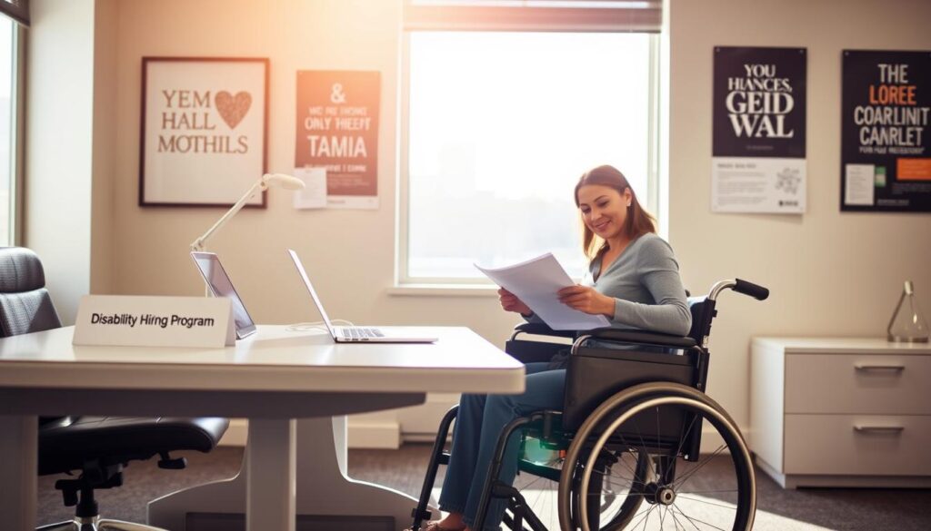 A serene office setting, with a well-lit desk and ergonomic chair. On the desk, a laptop and a nameplate reading "Disability Hiring Program". In the foreground, a person in a wheelchair sits confidently, reviewing documents. The walls are adorned with motivational posters, suggesting an inclusive and supportive work environment. Warm, natural lighting filters through large windows, casting a calming glow. The overall atmosphere conveys a sense of opportunity, empowerment, and the possibility of a successful career transition for individuals with disabilities.