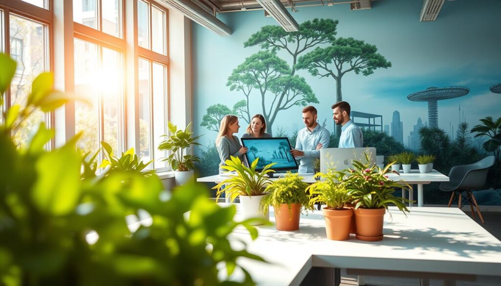 A serene office setting with lush greenery and natural light streaming through large windows, highlighting a well-designed workspace that inspires creativity and environmental consciousness. In the foreground, a sleek, minimalist desk showcases a variety of plants and sustainability-focused design elements. The middle ground features a team of environmental designers collaborating on a digital display, their expressions focused and determined. In the background, a mural or artwork depicting the harmony between nature and modern architecture sets the tone for the space. The overall scene conveys a sense of harmony, innovation, and a deep commitment to crafting exceptional environmental designs.