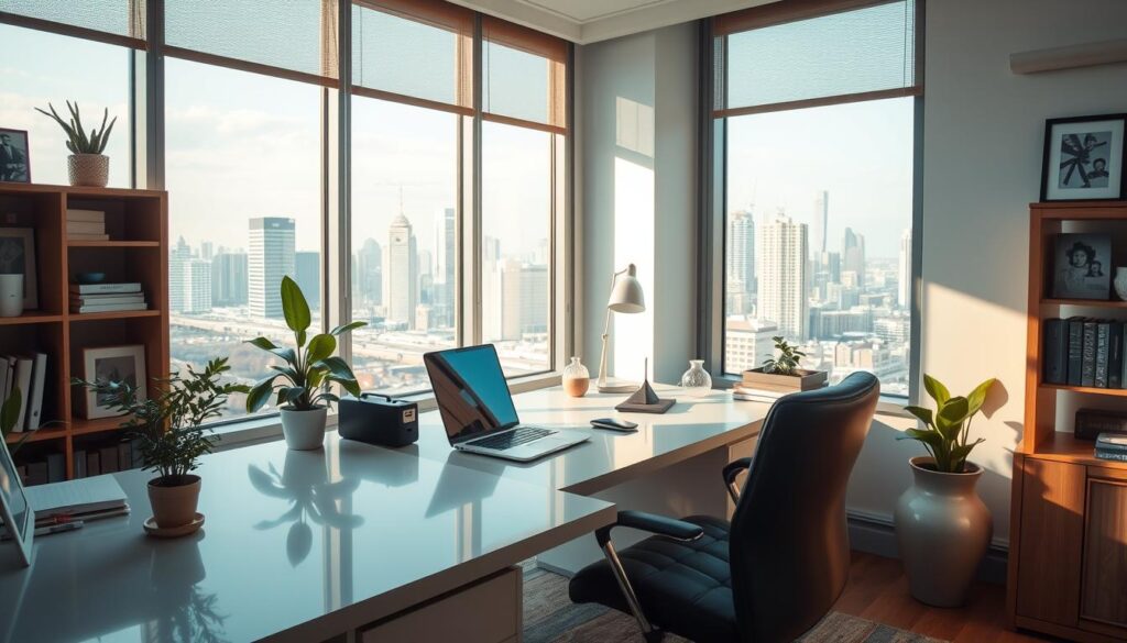 A serene office space with a well-organized desk, signifying work-life balance. Soft, natural lighting filters through large windows, casting a warm glow. A comfortable chair invites contemplation, while a potted plant and personal decor add touches of homeliness. In the background, a city skyline visible through the windows, representing the professional opportunities beyond. The overall atmosphere conveys a sense of tranquility, productivity, and a harmonious integration of work and personal life.