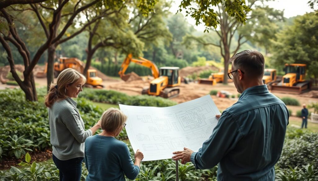A serene outdoor landscape, showcasing the diverse responsibilities of a landscape design consultant. In the foreground, a team of designers huddle around a detailed blueprint, meticulously planning the layout of a lush, verdant garden. In the middle ground, a client reviews scale models and material samples, collaborating with the consultants to refine the vision. In the background, heavy machinery operates, earthmovers and excavators shaping the terrain to accommodate the consultant's grand design. Soft, diffused lighting filters through the canopy of trees, creating a calming, contemplative atmosphere as the consultants bring their client's verdant vision to life.