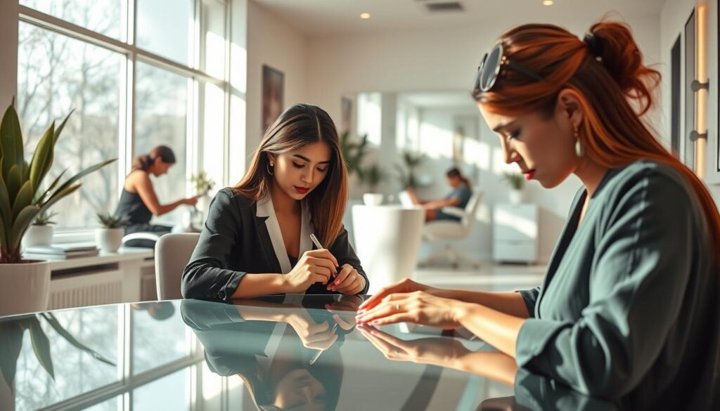 A serene, pastel-toned scene of a modern nail salon, illuminated by soft, natural light filtering through large windows. In the foreground, a manicurist carefully shapes a client's nails, her focused expression mirrored in the glass tabletop. In the middle ground, another artist delicately applies polish, the vibrant hues contrasting with the muted palette. Towards the back, a pedicure station is visible, where a third technician massages a customer's feet. Sleek, minimalist decor and potted plants create a calming, spa-like atmosphere, reflecting the professional, meticulous nature of the ネイルアーティスト's craft.