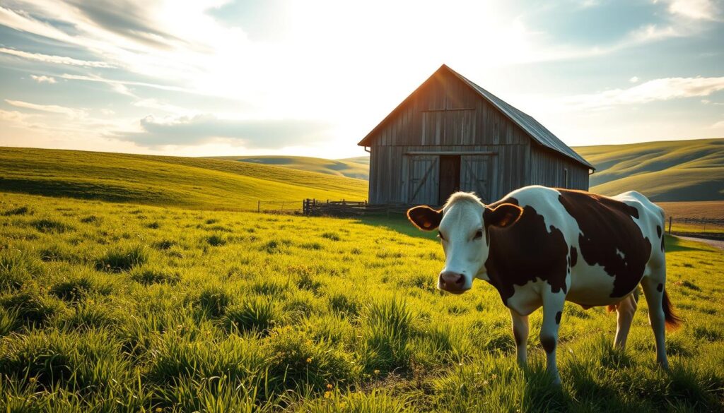 A serene pastoral scene on a family-owned dairy farm. In the foreground, a contented dairy cow grazes peacefully in a lush, verdant meadow, its peaceful expression reflecting the farmer's deep connection to the land. In the middle ground, a weathered but sturdy wooden barn stands, its well-worn timbers a testament to generations of hard work and dedication. Warm, golden sunlight filters through wispy clouds, casting a soft, glowing light over the scene. In the background, rolling hills dotted with wildflowers stretch out to the horizon, hinting at the expansive, picturesque countryside that surrounds the farm. An atmosphere of tranquility, purpose, and pride permeates the image, capturing the essence of the dairy farmer's joyful calling.