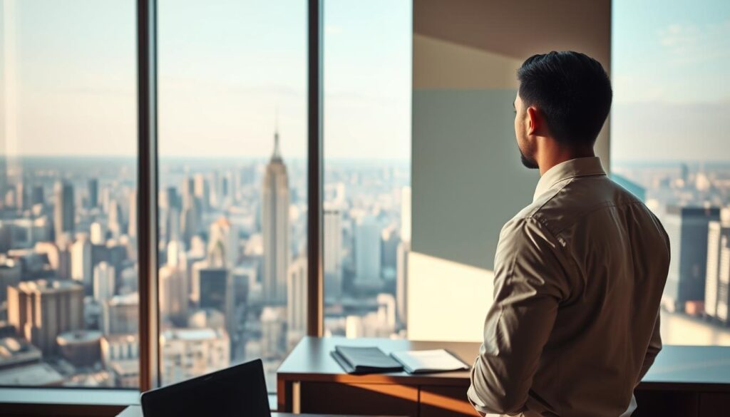 A serene, professional office setting with a panoramic view of a bustling city skyline through large windows. In the foreground, a well-dressed individual stands at a desk, studying a career progression diagram projected on the wall. Warm, directional lighting casts subtle shadows, creating a sense of depth and focus. The scene evokes a contemplative, aspirational mood as the person charts their potential career path as a compensation consultant.