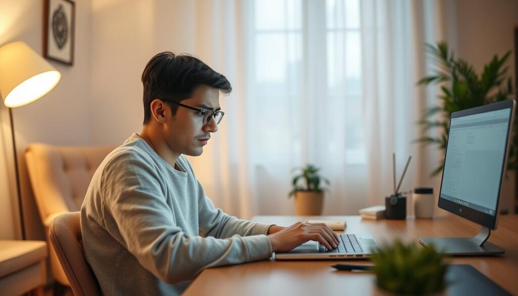 A serene, softly lit home office scene with a person sitting at a desk, intently focused on their laptop screen. The room is bathed in a warm, diffused light, creating a sense of comfort and tranquility. A cozy armchair and a potted plant in the corner suggest a calming, supportive environment. The person's expression conveys a mix of determination and a slight sense of worry, but their body language is relaxed, as if they are receiving emotional support from their surroundings. The overall atmosphere is one of quiet contemplation and gentle encouragement, mirroring the "psychological support" theme.