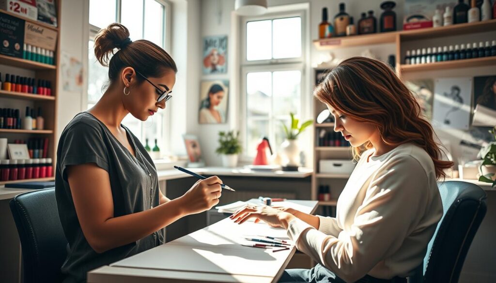A serene studio filled with natural light, where a talented nail artist sits focused, meticulously crafting intricate designs on a model's nails. Delicate brushstrokes and vibrant polishes adorn the fingertips, as the artist studies the canvas with keen eyes and a steady hand. The room is adorned with shelves of colorful lacquers, tools, and inspiration boards, reflecting the artist's dedication to their craft. Soft shadows cast across the scene, highlighting the artistry and precision required to become a skilled nail technician. The atmosphere is one of tranquility and concentration, embodying the journey of a nail artist's lifelong learning and passion for their work.