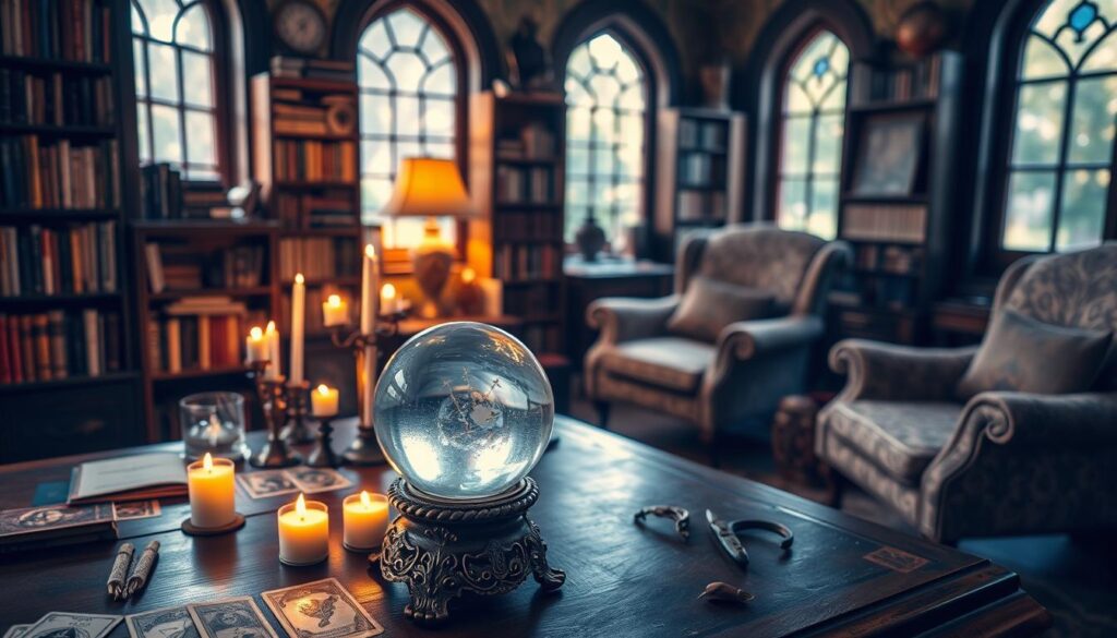 A serene study filled with the tools of a diligent fortune teller. In the foreground, an ornate crystal ball sits atop an antique wooden table, its surface reflecting the flickering light of candles. Surrounding it, scattered tarot cards and astrological charts hint at the depth of the practitioner's knowledge. In the middle ground, bookcases line the walls, their shelves overflowing with tomes on divination, mysticism, and the occult. A warm, amber glow filters through the windows, creating an atmosphere of contemplation and continuous learning. In the background, a cozy armchair beckons the fortune teller to pause, reflect, and expand their understanding of the arcane arts.