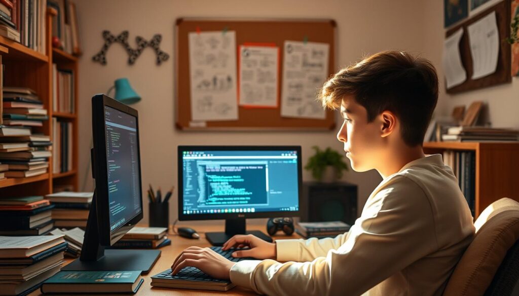 A serene study room, filled with books and a desktop computer, where a young person, their face illuminated by the soft glow of the screen, intently focuses on learning game design from online tutorials and courses. The room is bathed in warm, natural lighting, casting a cozy atmosphere. In the background, a corkboard displays concept sketches and notes, hinting at the creative journey ahead. The overall scene conveys a sense of determination, curiosity, and the exciting possibilities of transitioning into a new career path in the gaming industry, despite a lack of prior experience.