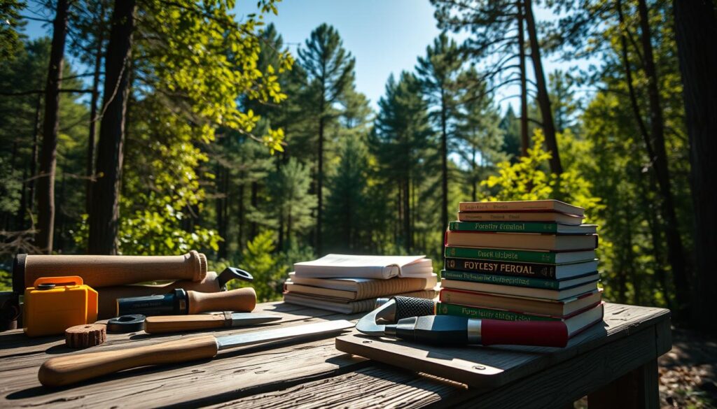 A serene, sun-dappled forest setting, with a prominent foreground featuring a collection of forestry tools and equipment laid out on a worn wooden workbench. In the middle ground, a stack of textbooks and study materials related to forestry education and certifications. The background showcases lush, verdant trees and a clear blue sky, conveying a sense of tranquility and the importance of knowledge and preparation in the pursuit of a sustainable forestry career. Illuminated by soft, natural lighting that casts gentle shadows, creating depth and dimension. Captured with a medium-wide lens to provide a balanced, comprehensive view of the scene.