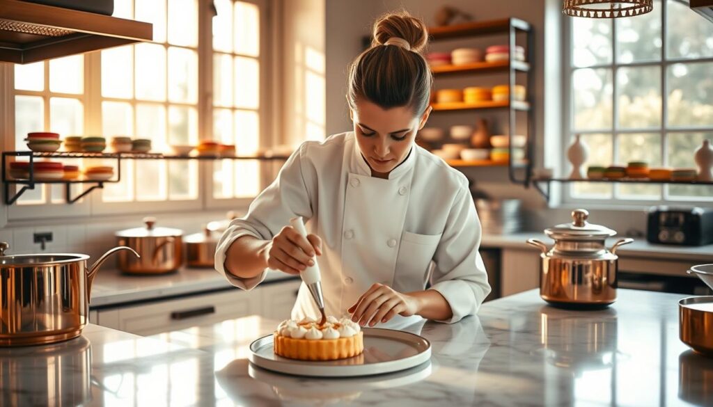 A serene, sun-dappled kitchen with a master pâtissier elegantly crafting delicate pastries. Warm light filters through large windows, casting a cozy glow on the gleaming marble countertops and shiny copper pots. The pâtissier, dressed in a crisp white uniform, meticulously pipes intricate designs onto a just-baked tart, their face a study in concentration. In the background, shelves overflow with colorful macarons, éclairs, and other tempting confections. The atmosphere exudes a sense of passion, expertise, and the culinary artistry that defines the rewarding yet demanding life of a professional pâtissier.