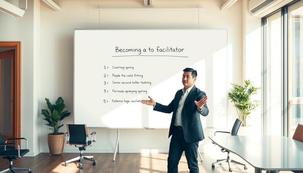 A serene, sun-dappled office space, with a large whiteboard at the center. On it, a step-by-step guide to becoming a facilitator, outlined in clean, minimalist typography. In the foreground, a well-dressed person stands, gesturing towards the board, their expression one of purpose and expertise. Scattered around the room, ergonomic chairs and a sleek conference table, hinting at the professional nature of the space. Warm, natural lighting filters in through large windows, creating a sense of clarity and focus. The overall atmosphere is one of guidance, productivity, and the pursuit of mastering the art of facilitation.
