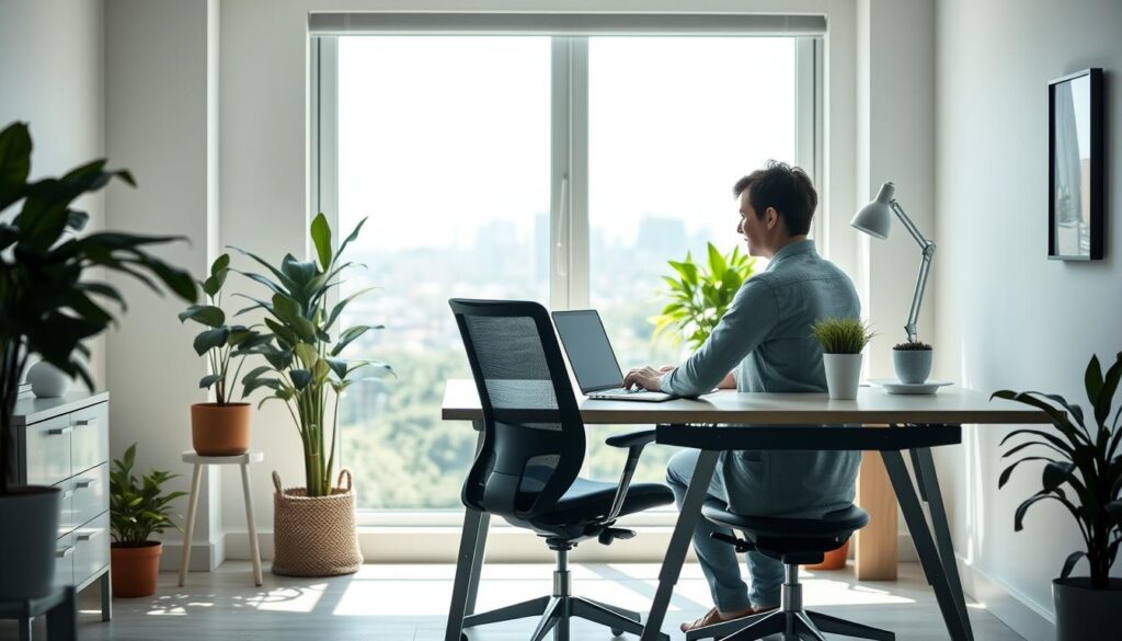 A serene, sun-dappled office space with a minimalist desk, ergonomic chair, and potted plants. The lighting is soft and diffused, creating a calming atmosphere. In the middle ground, a person sits at the desk, typing on a laptop with a thoughtful expression, balanced work and personal life. The background features a scenic view of a city skyline or lush greenery, suggesting a healthy work-life integration. The overall composition conveys a sense of harmony, productivity, and well-being, reflecting the improved life-work balance after a career transition.