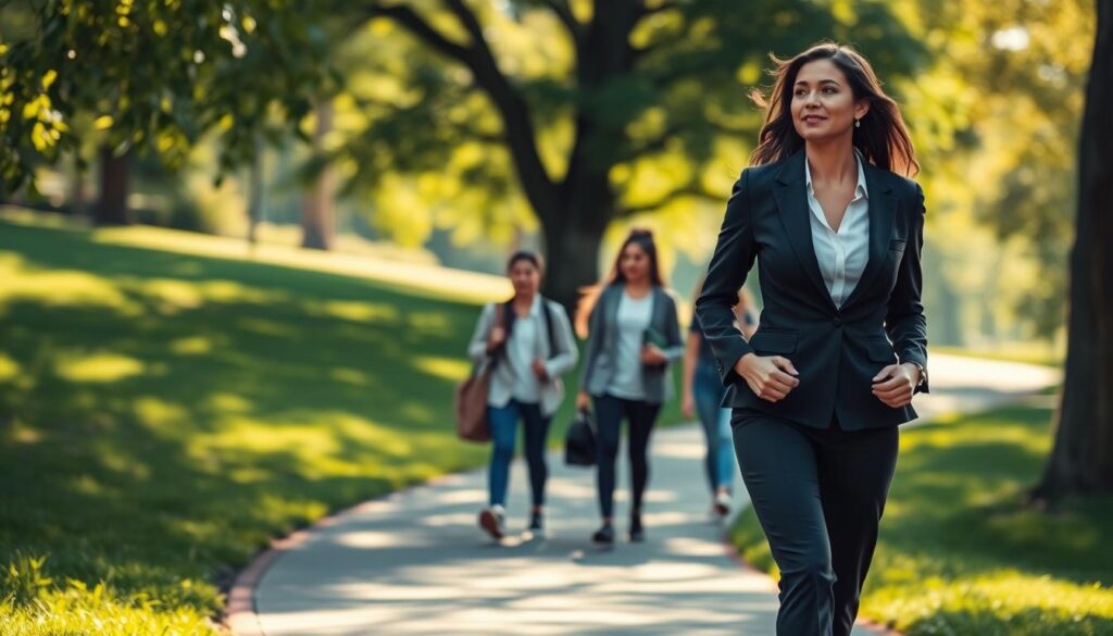A serene, sun-dappled park with lush greenery and a winding path. In the foreground, a professional woman in a crisp suit strides with determination, her gaze fixed on the horizon. Behind her, a diverse group of aspiring individuals - a college graduate, a career-changer, and a young professional - walk alongside, each with a sense of purpose and hope. The scene conveys the journey from inexperience to a fulfilling career, with the park's tranquil atmosphere and the guidance of the seasoned professional leading the way. Soft, warm lighting casts a hopeful glow, emphasizing the sense of opportunity and growth.