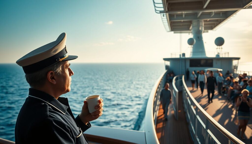 A serene, sun-dappled scene aboard a majestic ocean liner. In the foreground, a crew member leisurely enjoys a break, savoring a cup of coffee as they gaze out over the vast, glistening sea. The middle ground reveals the bustling activities of the ship's crew, tending to their duties with practiced efficiency. In the background, passengers stroll the promenade deck, taking in the salty breeze and breathtaking vistas. Soft, diffused lighting imbues the scene with a warm, tranquil atmosphere, capturing the rhythm and routines of life at sea.