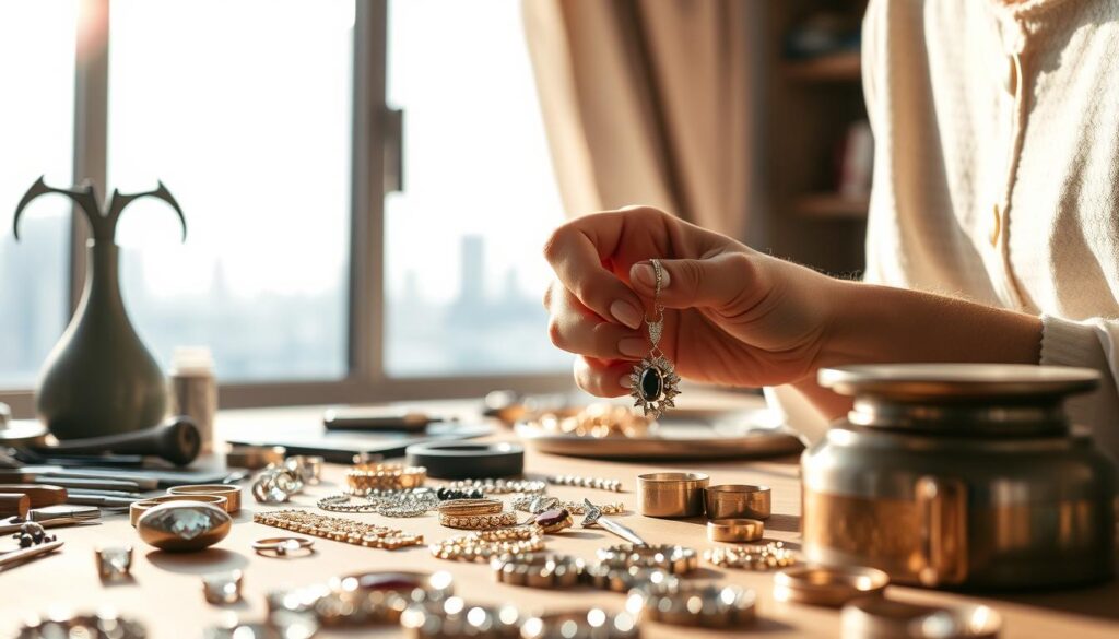 A serene, sun-dappled scene of a jewelry designer's workbench. In the foreground, an array of glittering gemstones, precious metals, and delicate tools are artfully arranged. The middle ground features a skilled hand carefully crafting a stunning pendant, the focus sharp and the lighting warm. In the background, a window overlooks a tranquil cityscape, hinting at the designer's urban setting and elevated income. The overall mood is one of refined elegance, professionalism, and the quiet pride of a master craftsperson at work.