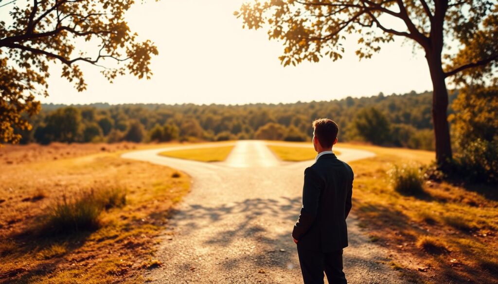A serene, sun-dappled scene of a young professional standing at a crossroads, contemplating career choices. In the foreground, they gaze thoughtfully, suit-clad but relaxed, conveying a sense of freedom and possibility. The middle ground features a path branching off in multiple directions, symbolizing the open-ended nature of career trajectories. The background depicts a lush, verdant landscape, hinting at the abundance of opportunities beyond the immediate decision. Warm, diffused lighting casts a golden glow, creating an atmosphere of optimism and self-determination. The overall composition communicates the legal implications and fundamental principles underlying the freedom to choose one's professional path.
