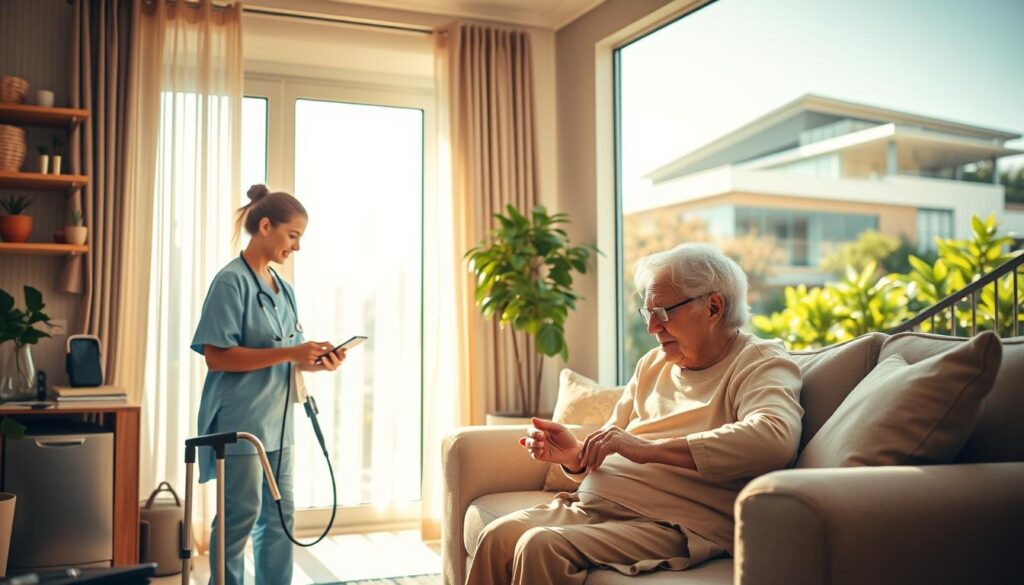 A serene, sun-drenched scene depicting the future of the caregiving industry. In the foreground, a compassionate home healthcare worker tenderly assists an elderly patient in their comfortable, well-appointed living room. The middle ground showcases advanced medical technologies and assistive devices that enhance the quality of life for seniors. In the background, a modern, state-of-the-art care facility stands, its gleaming architecture and lush gardens symbolizing the industry's progress and commitment to holistic, dignified care. Warm lighting, soft shadows, and a sense of harmony convey the growing importance and professionalism of the home healthcare sector, highlighting its promising future.