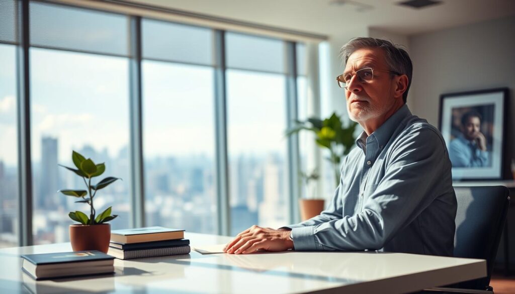 A serene, sun-lit office setting, with a 58-year-old professional sitting at a sleek, contemporary desk, contemplating their future prospects. The room is filled with a sense of optimism and possibility, with large windows offering a panoramic view of a bustling city skyline in the distance. Soft, indirect lighting illuminates the scene, creating a warm and inviting atmosphere. The individual's expression is one of determination and focus, as they ponder the next chapter of their career. Surrounding the desk are inspiring elements, such as a potted plant, a stack of books, and a framed photograph of a previous workplace or achievement, hinting at the wealth of experience they bring to the table. An air of confidence and a forward-looking perspective pervades the scene, capturing the essence of a 58-year-old's successful career transition.