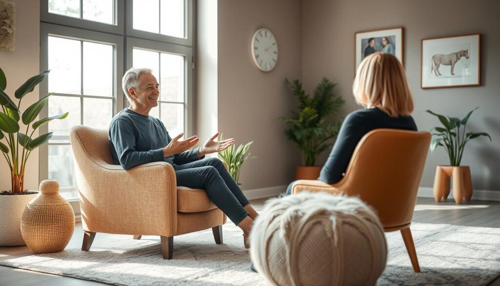 A serene therapy room with natural lighting streaming through large windows. In the foreground, a therapist sits comfortably on a plush armchair, their expression calm and attentive as they engage in a one-on-one session with a patient. Soft, earthy tones and soothing textures create a welcoming ambiance, while plants and subtle artwork add a sense of tranquility. The therapist's body language conveys empathy and active listening, their hands gesturing gently as they guide the patient through their journey of self-discovery and healing. The overall scene radiates a sense of safety, comfort, and the profound, meaningful work of a dedicated mental health professional.