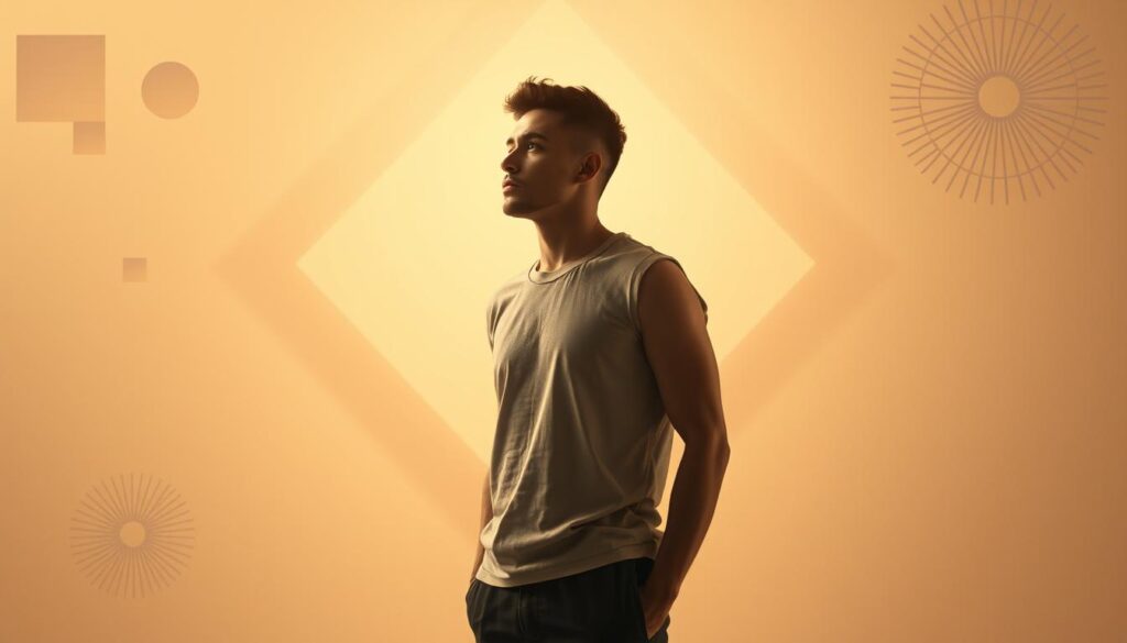 A serene, thoughtful individual stands in a contemplative pose, surrounded by a harmonious blend of geometric shapes and abstract patterns. Soft, warm lighting casts a subtle glow, creating a sense of introspection and focus. The figure's expression conveys a determined yet tranquil resolve, symbolizing the overcoming of challenges in the non-verbal domain. The composition is balanced and visually striking, guiding the viewer's attention to the central figure's journey of personal growth and mastery.
