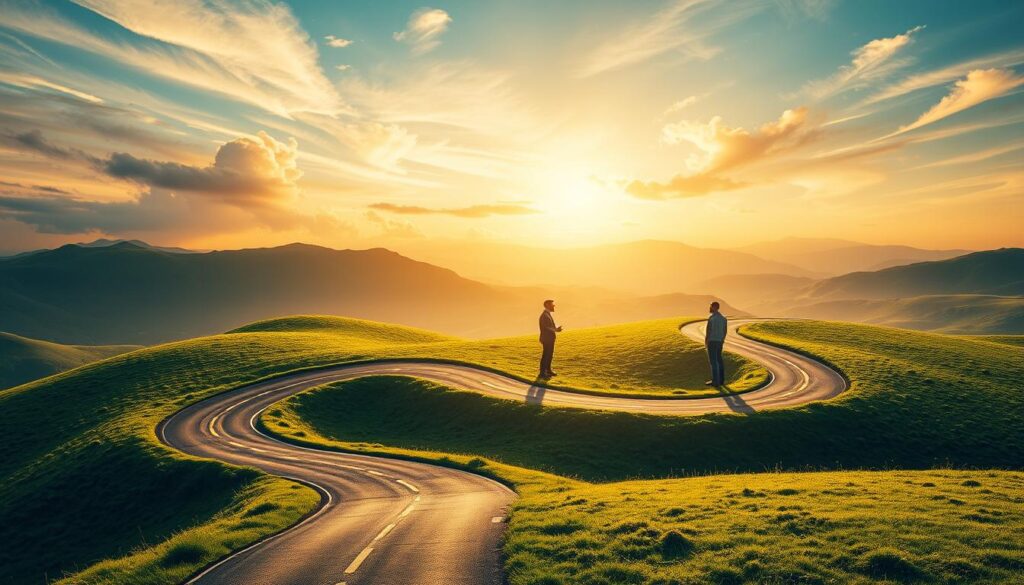 A serene, warm-lit scene depicting a career path metaphorically represented by a winding road cutting through a verdant, rolling landscape. In the foreground, the road branches off into multiple paths, each leading to distinct destinations symbolizing different career milestones or specializations. In the middle ground, figures representing various music production roles, such as a composer, sound engineer, and producer, stand at intersections, contemplating their next steps. The background features a dynamic, atmospheric sky with golden sunlight filtering through wispy clouds, creating a sense of possibility and inspiration. The overall composition conveys the idea of a multifaceted, evolving career journey in the music production industry.