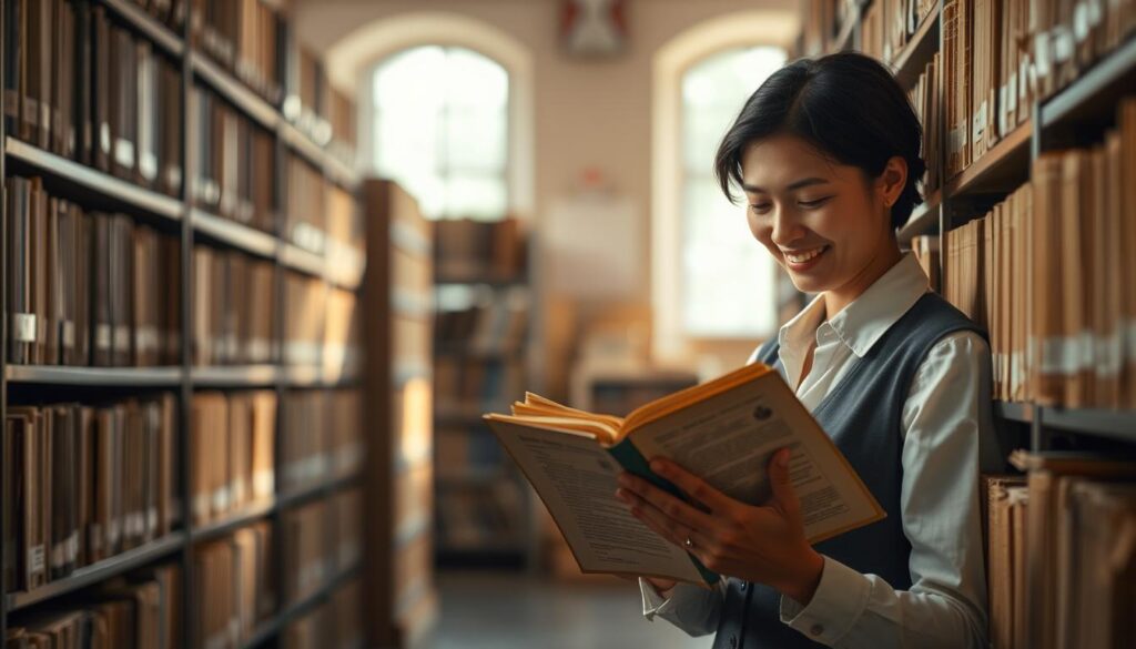 A serene, well-lit archive room filled with meticulously organized shelves of historical documents. An archivist, dressed in a professional attire, carefully handles a fragile manuscript, their face illuminated by a warm, focused expression as they uncover the stories buried within. The background is softly blurred, allowing the archivist's reverence for their work to take center stage. Diffused natural light streams in through large windows, casting a gentle glow over the scene, conveying a sense of calm dedication and the joy of preserving the past for the future. The overall atmosphere exudes a profound appreciation for the craft of archiving and the significance of the archivist's role in safeguarding humanity's collective memory.