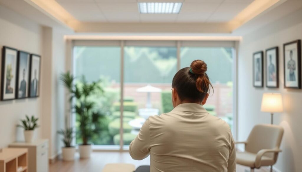 A serene, well-lit chiropractic clinic. In the foreground, a chiropractor gently manipulates a patient's spine, their faces reflecting concentration and care. The middle ground showcases the clinic's soothing ambiance, with soft lighting, ergonomic furniture, and calming wall art. The background reveals a view of a tranquil Japanese garden, evoking a sense of relaxation and balance. The scene conveys the chiropractor's dedication to holistic patient care, blending clinical expertise with a tranquil, therapeutic environment.