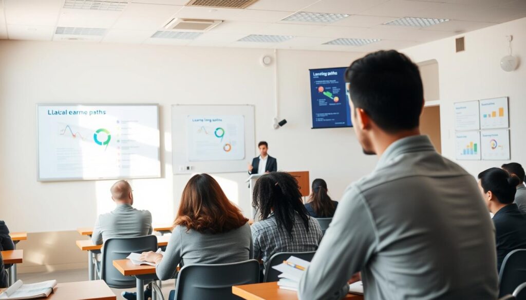 A serene, well-lit classroom setting with students engaged in various learning activities. In the foreground, a group of people sitting at desks, intently studying course materials and taking notes. The middle ground features a teaching podium with a lecturing instructor, gesturing towards a whiteboard displaying a visual learning aid. The background showcases a wall-mounted display or projection screen, showcasing educational diagrams and infographics related to the topic of "learning paths". The overall atmosphere is one of focused, productive learning, with neutral tones and natural lighting creating a calming, professional ambiance.