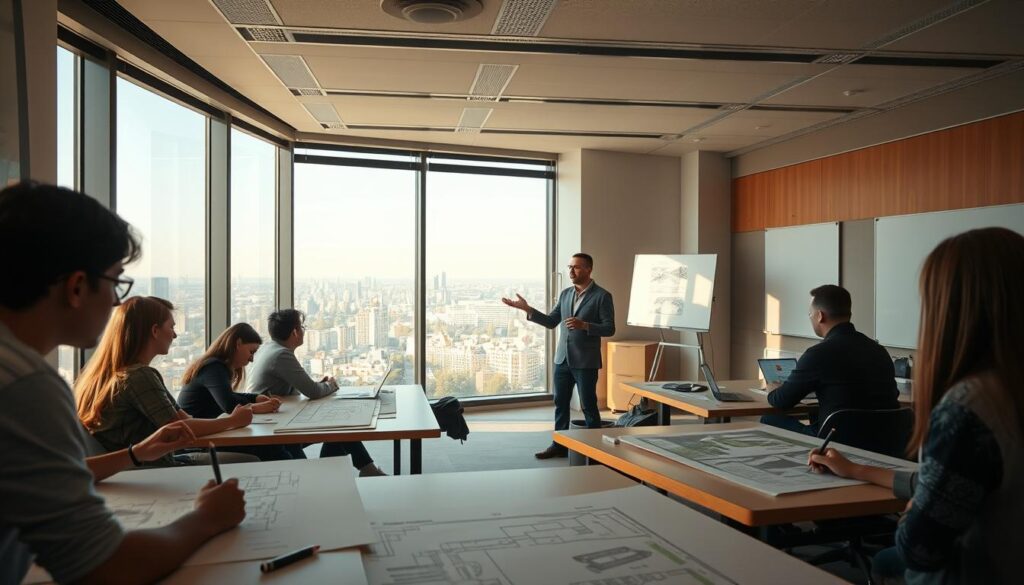 A serene, well-lit classroom showcasing the journey of an aspiring environmental designer. In the foreground, students pore over drafting tables, meticulously sketching architectural plans and landscape designs. Midground features a professor gesturing to a presentation, guiding the class through the principles of sustainable design. The background reveals a sprawling cityscape visible through large windows, inspiring students to envision how their creations will shape the urban environment. Warm, natural lighting filters in, creating a contemplative atmosphere conducive to learning. The overall scene conveys the educational pathway to becoming an environmental designer, from foundational studies to practical application.