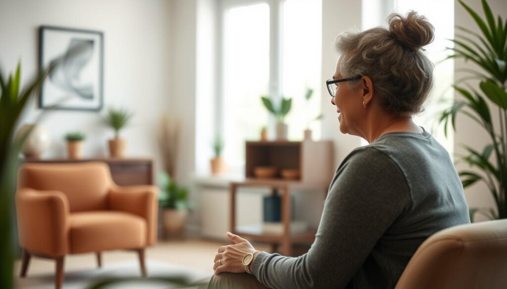 A serene, well-lit counseling session in a tranquil office setting. In the foreground, a therapist and patient engage in a deep, empathetic discussion, their faces conveying a sense of understanding and care. The middle ground features tasteful decor - a calming color palette, plants, and subtle artwork - creating an atmosphere of comfort and safety. The background softly blurs, hinting at the privacy and confidentiality of the space. Diffused lighting from large windows washes over the scene, evoking a sense of openness and healing. The overall mood is one of introspection, guidance, and mental well-being.