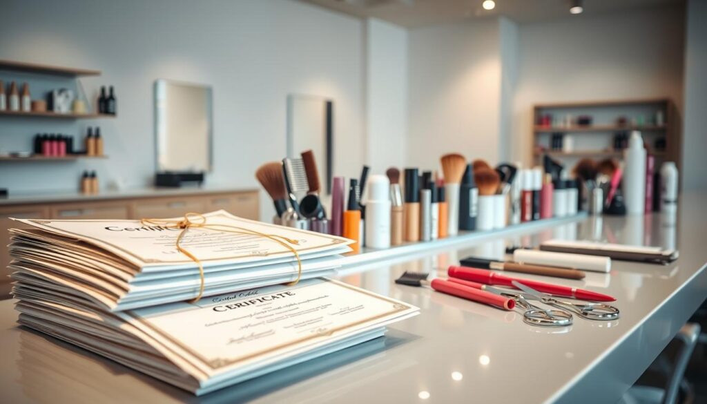 A serene, well-lit image of a beauty salon counter displaying various cosmetic tools and accessories. In the foreground, a stack of certificates and diplomas representing the qualifications and expertise of the salon's certified cosmetologists. The middle ground features an array of professional-grade hair styling tools, such as scissors, combs, and brushes, arranged neatly on the counter's surface. The background showcases a minimalist, modern salon interior with clean lines and a calming color palette, suggesting a welcoming and professional atmosphere. The overall composition conveys the importance of proper training and certification in the beauty industry.