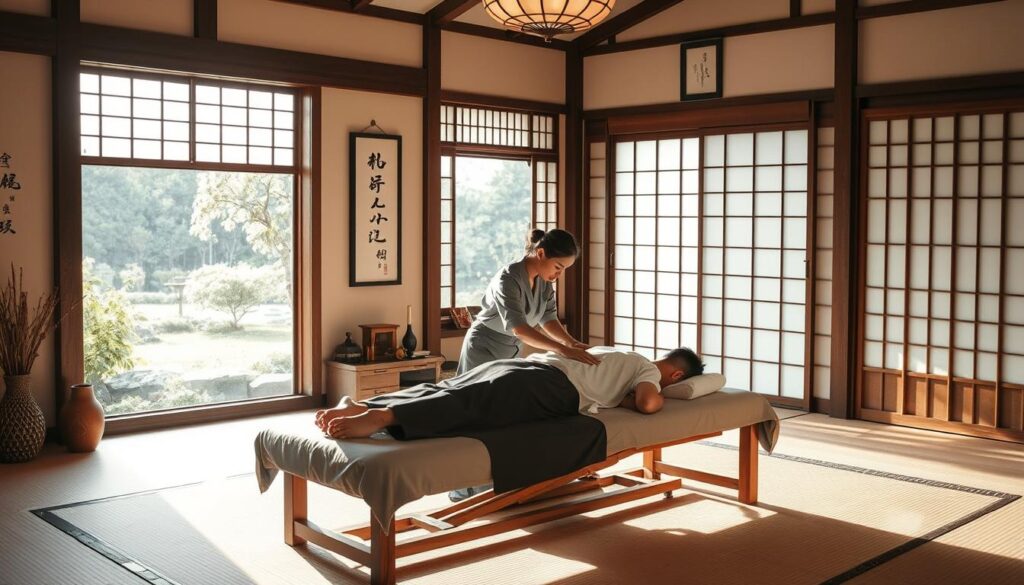 A serene, well-lit interior scene of a traditional Japanese healing arts clinic. In the foreground, a skilled, uniformed practitioner performs a gentle, therapeutic massage on a patient lying on a raised treatment table. The middle ground features traditional Japanese decor and furnishings, including bamboo accents, calligraphic artwork, and an ornate sliding screen. The background showcases a tranquil garden view through large windows, bathed in soft, natural light. The overall atmosphere conveys a sense of holistic wellness, professionalism, and centuries-old healing tradition.