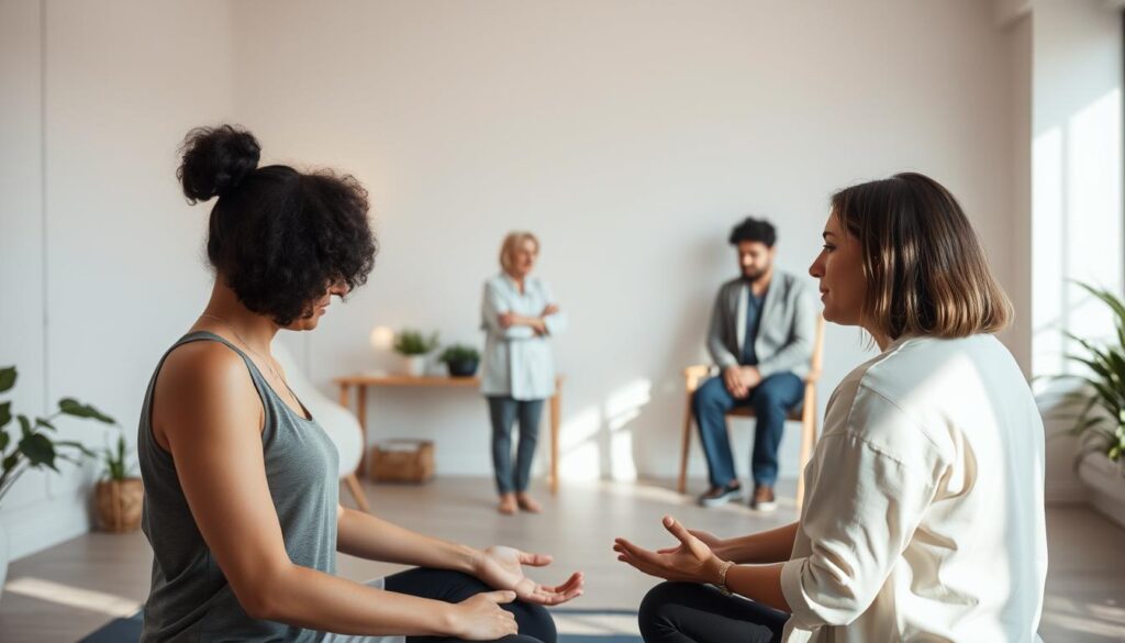 A serene, well-lit interior showcasing the diversity of therapist roles. In the foreground, a holistic wellness practitioner guides a client through a relaxing meditation session, their faces calm and focused. In the middle ground, a physiotherapist assists a patient with therapeutic exercises, their movements precise and attentive. In the background, a family therapist listens intently as a couple discusses their relationship, creating a safe, empathetic space. The atmosphere is one of tranquility, professionalism, and a commitment to healing and personal growth. Soft, diffused lighting casts a warm glow, while the minimalist decor allows the therapists' work to take center stage.