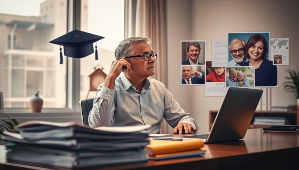 A serene, well-lit office scene with a middle-aged professional sitting at a desk, pensively gazing out a large window. In the foreground, there are stacks of documents and a laptop, symbolizing the challenges of career transition. In the background, a collage of age-related icons - a graduation cap, a family portrait, and retirement savings - suggests the diverse life stages and considerations that influence one's career path. The lighting is soft and warm, creating a contemplative atmosphere as the subject weighs their options for the next phase of their professional journey.