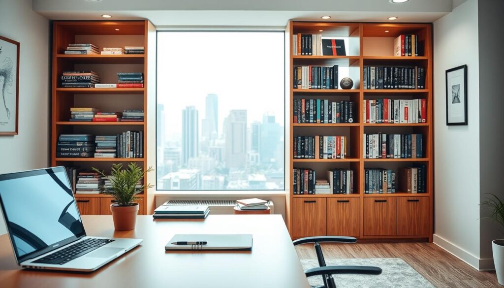 A serene, well-lit office setting, with a desk and chair in the foreground. On the desk, a laptop, a notepad, and a potted plant, suggesting a productive and organized workspace. In the middle ground, a bookshelf filled with professional development materials, career guides, and industry-specific literature. The background features a large window overlooking a cityscape, symbolizing the opportunity for growth and advancement. The overall mood is one of aspiration, focus, and a clear sense of progression, reflecting the concept of "キャリアアップ" for a home healthcare worker.