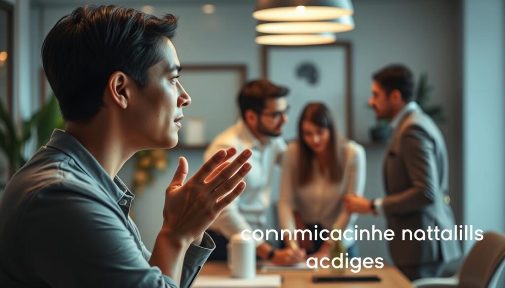 A serene, well-lit office setting with a focused professional engaged in thoughtful discussion with colleagues. The foreground features a person gesturing expressively, their face conveying deep concentration and empathy. The middle ground showcases a collaborative workspace with colleagues leaning in, their body language suggesting an open, constructive exchange. The background subtly frames the scene with tasteful decor and indirect lighting, creating a calm, professional atmosphere conducive to productive communication. The overall composition conveys the importance of honing communication skills in the conceptual design process.