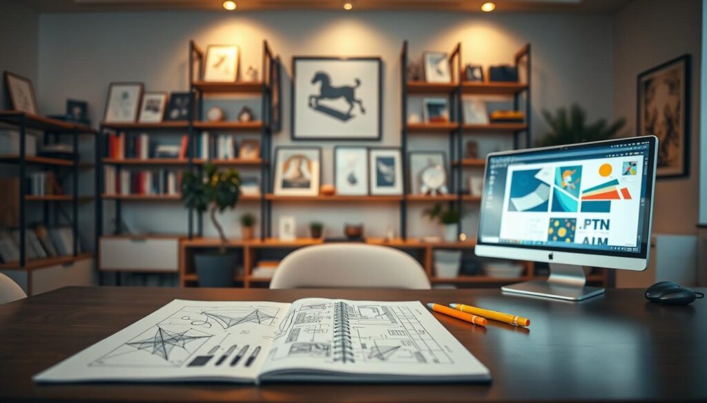 A serene, well-lit office setting with a large, modern desk showcasing the essential skills of a design producer. In the foreground, an open sketchpad displays intricate hand-drawn design concepts, with markers and pens nearby. In the middle ground, a high-resolution computer monitor displays a digital design interface, hinting at the technical proficiency required. The background features shelves filled with design books, awards, and inspirational artwork, conveying the breadth of knowledge and creativity needed. Warm, indirect lighting sets a professional, focused atmosphere, while a potted plant and a minimalist décor style suggest a harmonious, efficient work environment.