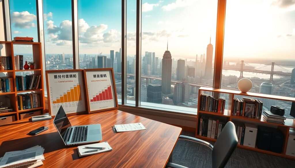 A serene, well-lit office setting with a large panoramic window overlooking a bustling city skyline. In the foreground, a wooden desk with a laptop, stationery, and a framed career progression chart titled "キャリアパス". The middle ground features a modern office chair and a bookshelf filled with photography-related books and magazines. The background showcases the city landscape, with skyscrapers, bridges, and a vibrant, sun-dappled atmosphere. The overall tone is one of professionalism, creativity, and a sense of upward mobility within the photography industry.