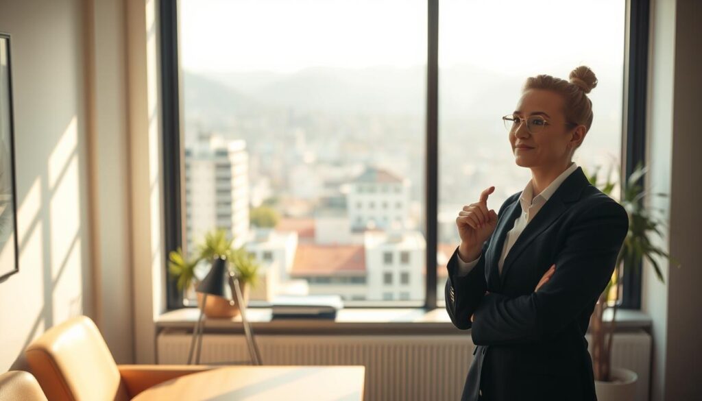 A serene, well-lit office setting with a professional-looking person in the foreground, engaging in thoughtful reflection. The background features a large window overlooking a picturesque urban landscape, symbolizing a sense of clarity and optimism. The lighting is warm and natural, creating a calming atmosphere. The person's body language suggests a positive, confident demeanor, conveying the idea of embracing a career break as an opportunity for growth and self-discovery. The overall composition evokes a sense of inner peace and the potential for new beginnings.
