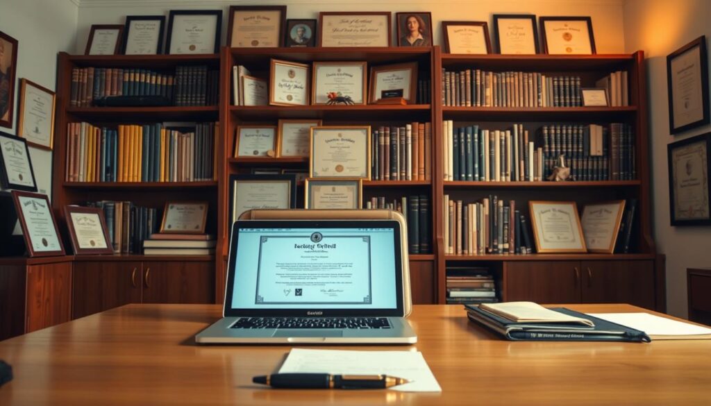 A serene, well-lit office setting, with a prominent desk showcasing various certificates and diplomas. In the foreground, a laptop and a pen rest on the desk, symbolizing the writer's tools. Behind the desk, a bookshelf filled with scripts, novels, and reference materials, conveying the intellectual aspect of the scenario writer's work. The walls are adorned with framed awards and accolades, highlighting the achievements and qualifications of the individual. Soft, directional lighting casts a warm glow, creating a professional and inspirational atmosphere. The overall composition emphasizes the importance of relevant credentials and educational background for a successful scenario writer.