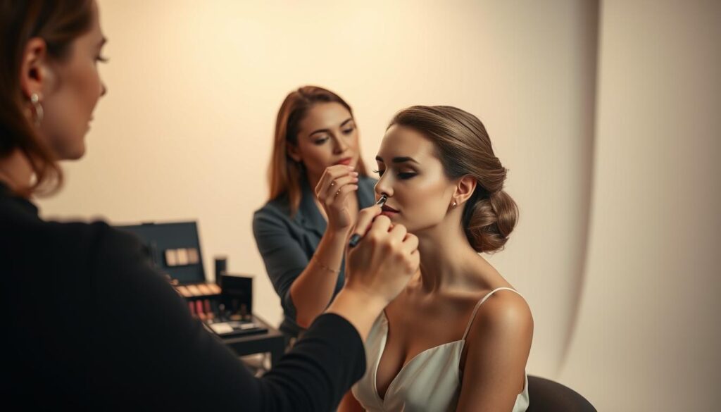 A serene, well-lit studio setting with a talented hair and makeup artist at work. In the foreground, an elegant model sits poised, her features being delicately enhanced by skilled hands. The artist's focused expression conveys deep concentration as they apply precise, artful strokes. In the middle ground, an array of professional cosmetics and tools are neatly arranged, signifying the meticulous preparation required. The background features a minimalist, neutral backdrop, allowing the subject to be the central focus. Soft, directional lighting casts a warm, flattering glow, elevating the model's natural beauty. The overall mood is one of quiet confidence, professionalism, and the mastery of techniques essential for a successful career as a hair and makeup artist.
