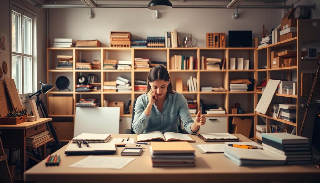 A serene, well-lit studio space with a desk and various learning materials laid out neatly. In the foreground, a person is seated at the desk, intently focused on a book or tablet, their hands poised in a thoughtful, engaged pose. The background features shelves filled with books, supplies, and other tools of the trade, suggesting a dedicated, studious environment. Soft, warm lighting from overhead illuminates the scene, creating a sense of focus and concentration. The overall mood is one of quiet contemplation and the pursuit of knowledge, reflecting the idea of skill acquisition and career transition.